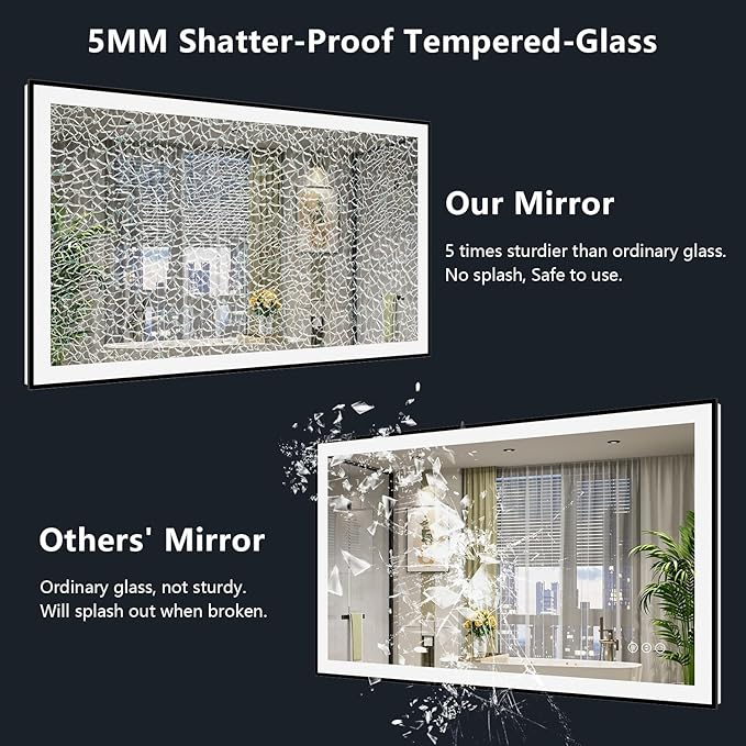 44x30 Inch LED Bathroom Mirror with Lights (Front Lit and Backlit) Black Framed Lighted Vanity Mirror for Bathroom Wall Dimmable Anti-Fog Memory Tempered Glass Horizontal/Vertical