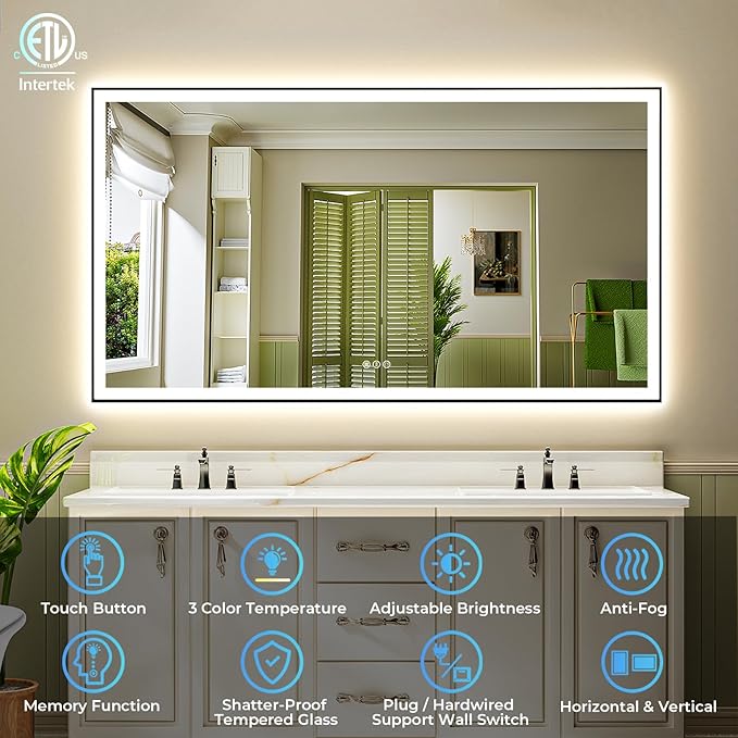 72x40 Inch LED Bathroom Mirror with Lights (Front Lit and Backlit) Black Framed Lighted Vanity Mirror for Bathroom Wall Dimmable Anti-Fog Memory Tempered Glass Horizontal/Vertical