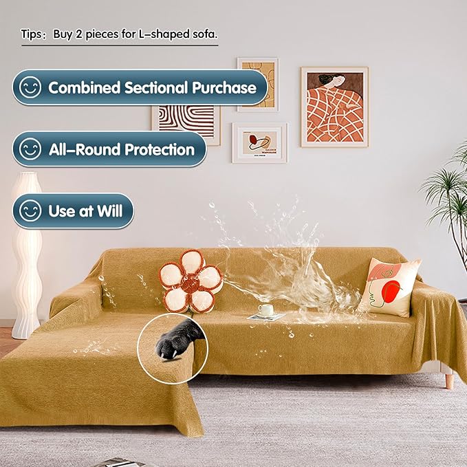 STACYPIK Waterproof Yellow Sofa Cover for Dogs, Non-Slip Anti-Scratch Couch Cover for Loveseat, Pet Protector for 2 Cushion Couch,L Shaped Couch for Sectional, Washable Furniture Bed Cover-71X118IN
