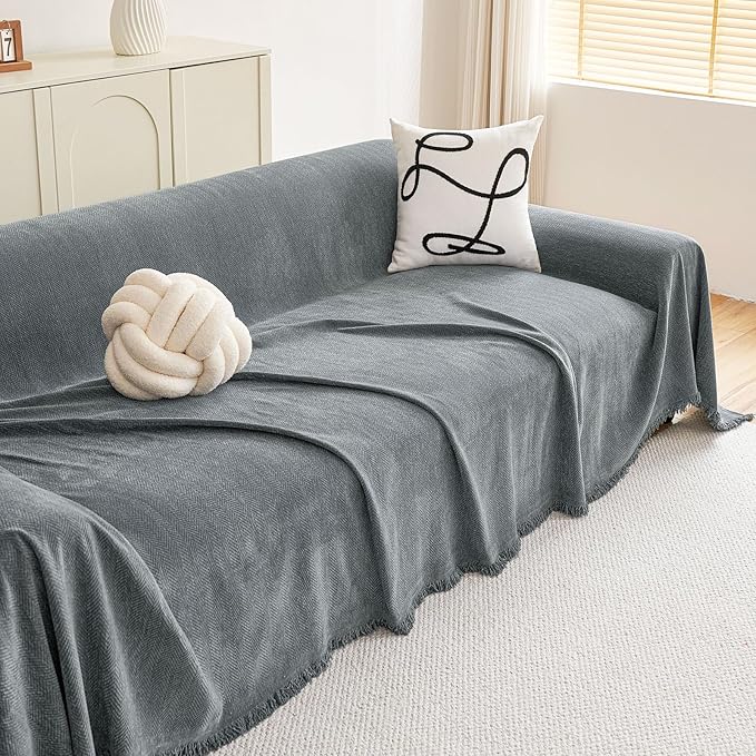 hyha Couch Cover for Dogs, Boho Sofa Covers for 3 Cushion Couch Washable, Chenille Sofa Slipcover for Pets, Soft Loveseat Sectional Couch Throw Blankets with Tassels (Grey, 88.5x118 Inch)