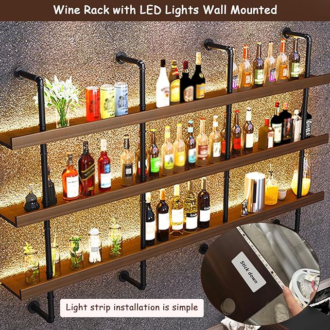 55.1in Large Wine Rack with LED Light Solid Wood Wall Mounted Wine Rack, 3-Tiers Liquor Bottles Floating Shelves Display Storage Organizer for Home Bar & Dining Room (140cm/55.1in)