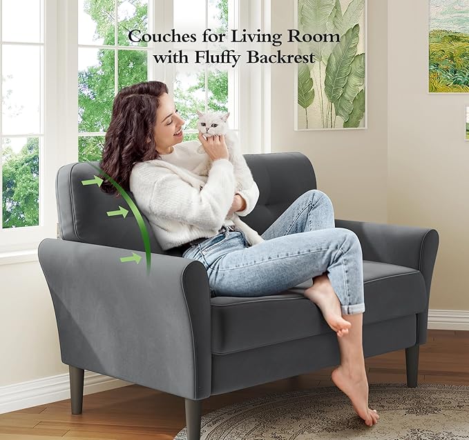 Small Sofa Couch, 48" Loveseat Sofa, Soft Velvet Love Seat Couches, Small Couch for Bedroom with 21" Deep Seat, Comfy Couches for Living Room, Tool-Free Setup Sofas for Living Room, Grey