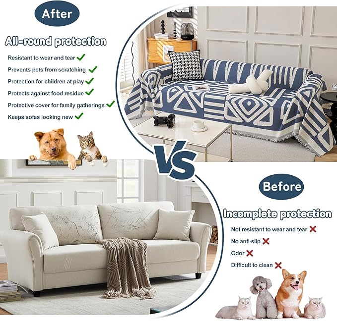 HANDONTIME Boho Chenille Sofa Cover - Denim Blue Reversible Blanket for L Shaped Sectional Couch - Geometric Protector for Dogs, 71" X 71"