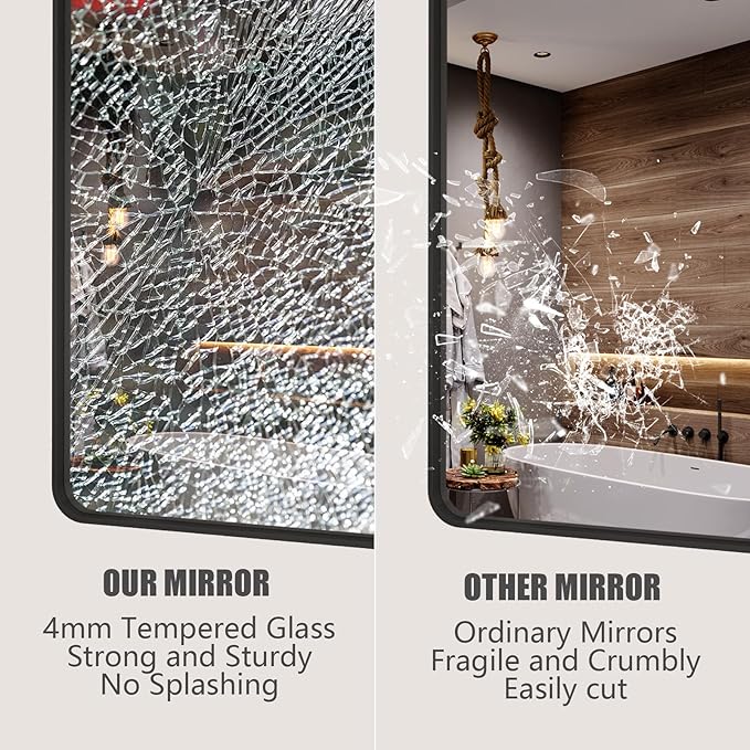 30x36 Black Matte Bathroom Mirror, Rectangle Framed Vanity Mirror for Wall, Rounded Corner, Anti-Rust, Shatterproof (Horizontally/Vertically)