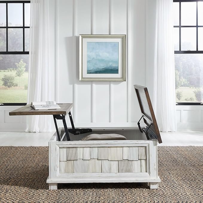 Liberty Furniture River Place Living Room Opt 3 Piece Set - Lift Top Cocktail Table, 2 End Tables - Riverstone White & Tobacco