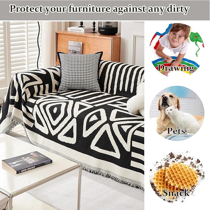 VM VOUGEMARKET Geometric Couch Cover for 3 Cushion Boho Chenille Sofa Cover Dog Proof Universal Sofa Slipcover L Shaped Furniture Cover with Tassels Sectional Couch Cover-71 x 134,Black