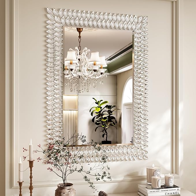 Kelly Miller Large Jeweled Mirror for Wall Decor, 28"x40" Luxury Sparkling Diamond Mirror Beveled Modern Wall Decoration for Bathroom, Living Room, Bedroom, Hallway, Entryway