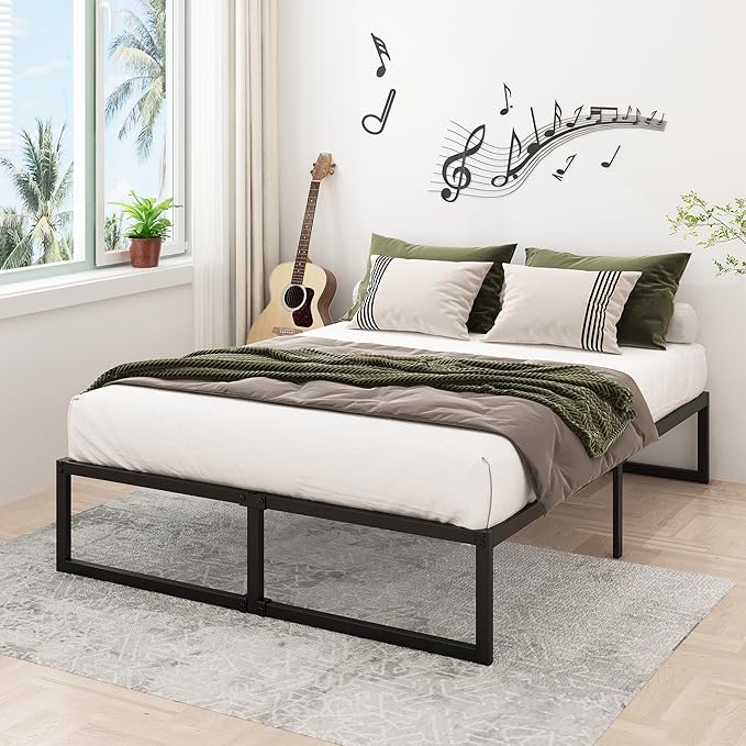 14 Inch California King Bed Frames No Box Spring Needed Heavy Duty Metal Cal King Platform for Mattress Foundation, Noise Free, Easy Assembly, Black