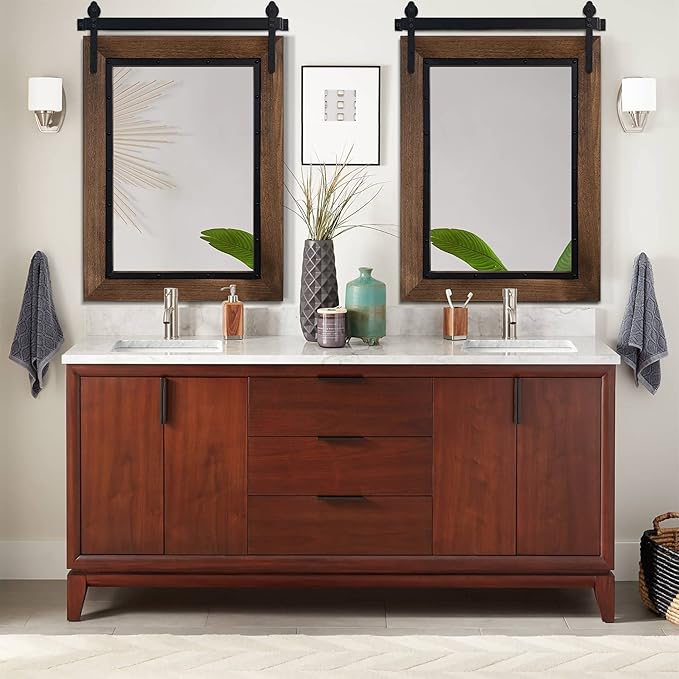 YOSHOOT Farmhouse Barn Door Mirror, 32"x24" Rustic Bathroom Mirror, Wood Frame Wall Mirror, Wooden Mirror for Living Room Bedroom Entryway Wall Décor, Vertical Hanging ONLY