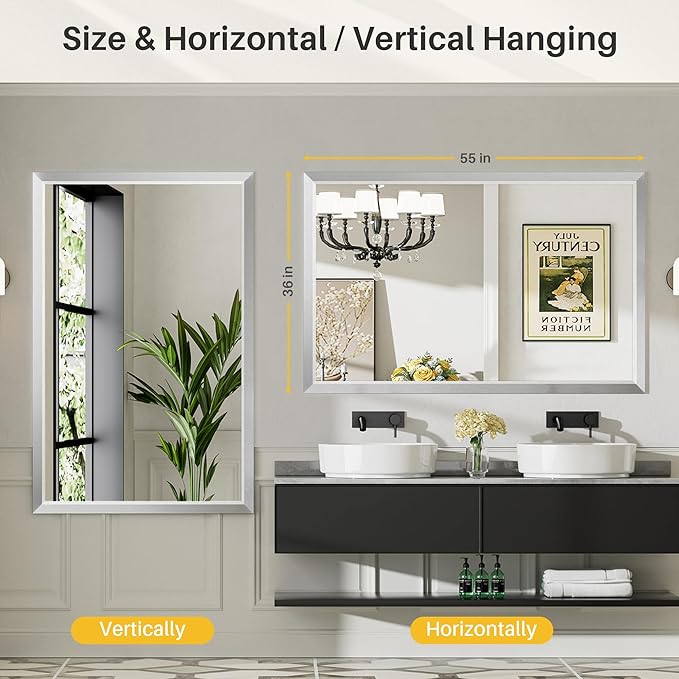 55x30 Inch Silver Bathroom Mirror for Wall, Thick Metal Framed Rectangle Mirrors for Over Sink, Bedroom, Living Room, Entryway, Anti-Rust, HD Tempered Glass