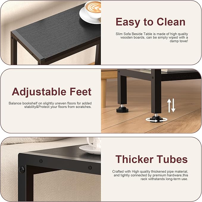 Narrow Side Table for Small Space Set of 2,2-Tier Small End Table with Shelf Holder, Slim Nightstand, Skinny Snack Couch Table in Living Room, Bedroom, Study, Kitchen and Balcony（Black