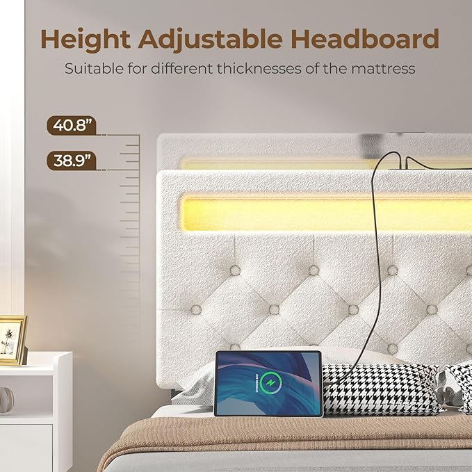 Rolanstar Full Size Bed Frame with 4 Storage Drawers and Charging Station, Full Bed with Led Lights, 2 USB & 1 Type C, Adjustable Headboard 38.9/40.10 Inches, No Box Spring Needed, White