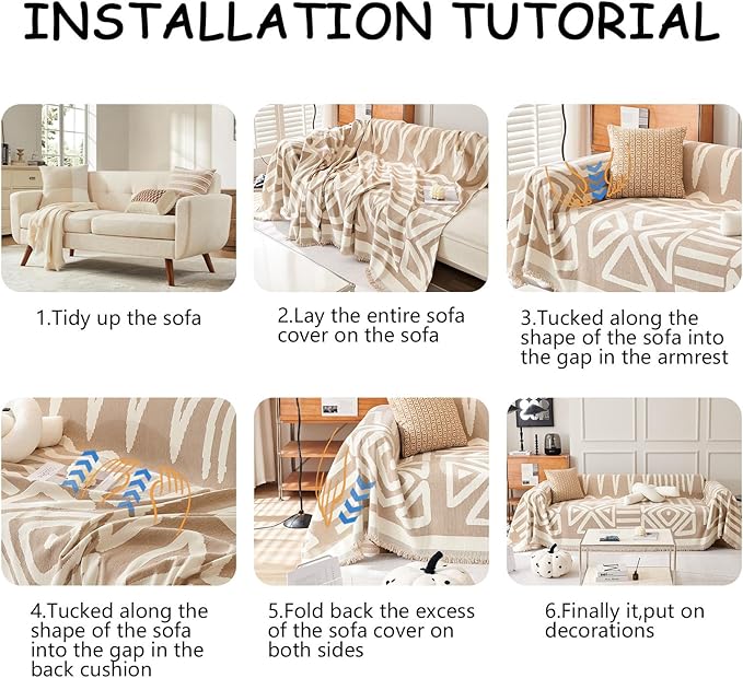 HANDONTIME Sofa Covers Armchair Boho Couch Cover for Dogs Khaki Throw Couch Cover with Tassel Chair Recliner Futon Cover Washable 1 Cushion Couch Non Slip Chenille Couch Protector, 59" X71"