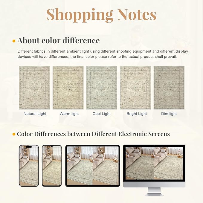 LIVEBOX Bedroom 4x6 Washable Area Rug for Entryway Kitchen, Non-Slip Soft Boho Rugs for Dining Room Office, Farmhouse Low-Pile Neutral Soft Carpet for Nursery Room Playroom, Tan