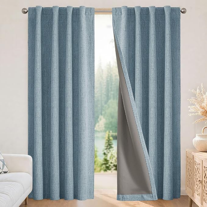 Joydeco 100% Blackout Curtains for Bedroom - Natural Linen Curtains 84" L Long, Thermal Insulated 2 Panels Sky Blue Light Blocking Drapes, Rod Pocket & Back Tabs, Darkening Privacy for Living Room
