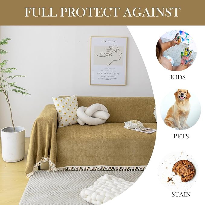 HANDONTIME Couch Covers for Pets Boho Mustard Yellow Love Seat Couch Covers Brown Sofa Cover for Dogs Pet Couch Protector Chenille Tassel Sofa Slipcovers Sofa Throw Cover Boho Decor, 91" X134"