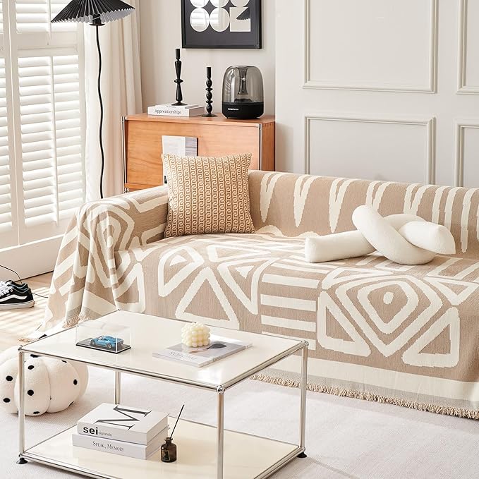 STACYPIK Reversible Khaki Beige Couch Cover Boho Couch Cover for Dogs with Tassels Anti-Slip Furniture Protector for 2 Cushion Couch Versatile Sofa Protector Washable Loveseat Cover Decor-71X90IN