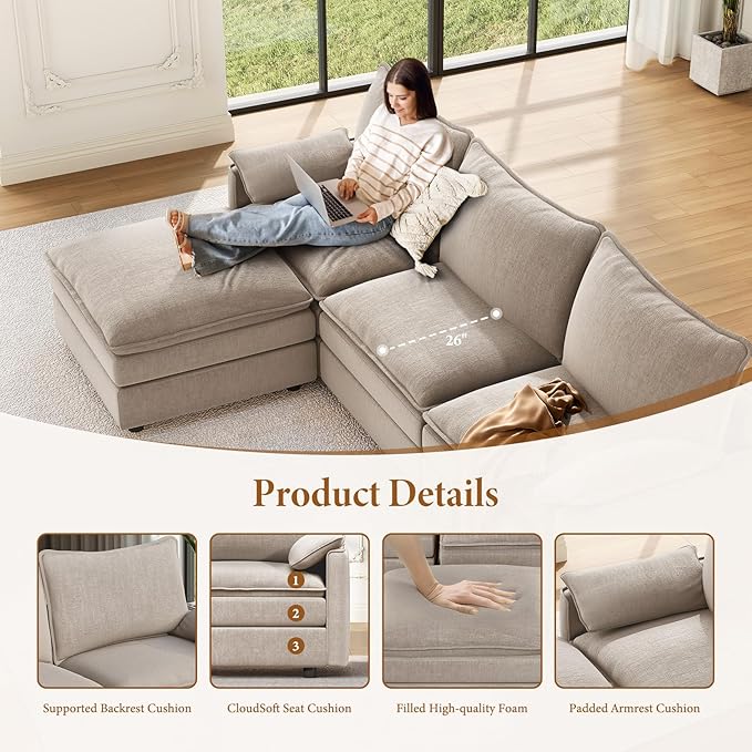 Vesgantti Large Modular Sectional Sofa, Big Comfy Cloud Couch with Ottoman Deep Seat Chenille Cloud Sofa, 8 Seater Large Sectional Couches for Living Room, Bedroom and Apartment, Light Brown
