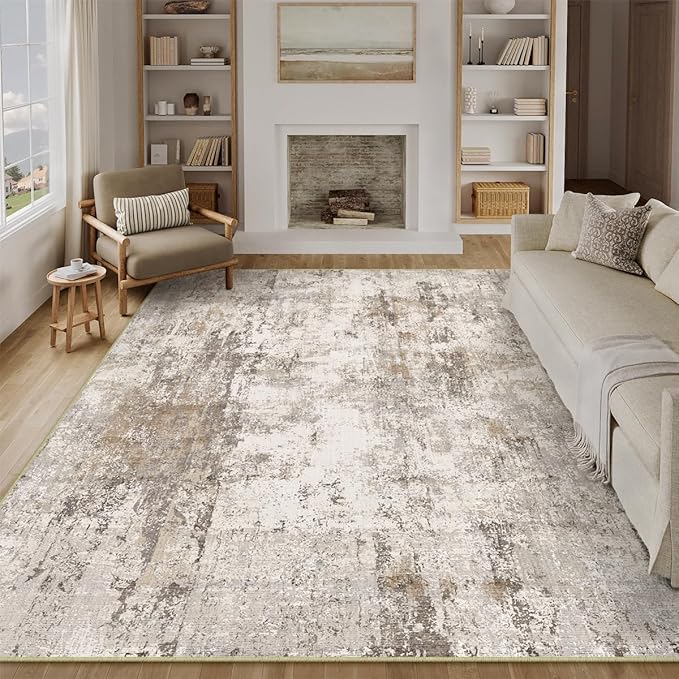 9x12 Washable Area Rug Brown Grey Neutral Abstract Living Room Bedroom Large Throw Rug Non Slip Soft Low Pile Indoor Floor Carpet for Dining Room Kitchen Office Entryway