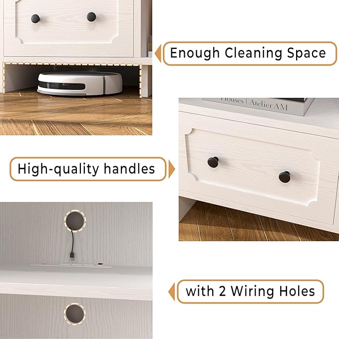 IRONCK TV Stand for 65 Inch TV, 63" LED Entertainment Center with Storage Cabinets, Power Outlets and Open Shelf, Media Console TV Cabinet with Drawers for Living Room, White