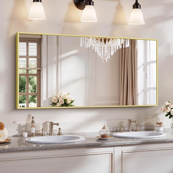 YIROMAN Bathroom Mirror 48"x24", Large Brushed Gold Bathroom Mirror for Over Sink with Aluminum Frame, Rectangular Vanity Mirror with Right Angle, Wall Mirror Hangs Horizontal or Vertical