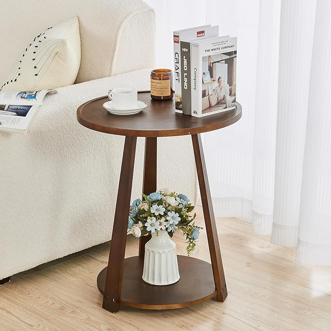CozyDH Round End Table Living Room, Side Table with Lower Shelf Bedroom, Solid Rubberwood Night Stand with Storage Space, Sofa Couch Table Walnut