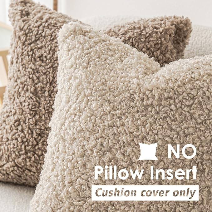 Foindtower 2 Pieces 16x16 Inch Light Khaki, Faux Fur Throw Pillow Cover Accent Sherpa Pillow Fuzzy Soft Pillowcases Sheepskin Decorative Fleece Cushion Case for Bed Couch Living Room