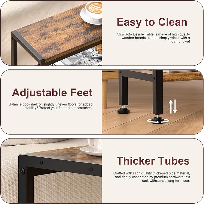 Narrow Side Table for Small Space Set of 2, 3-Tier Small End Table with Shelf Holder, Slim Nightstand, Skinny Snack Couch Table in Living Room, Bedroom, Study, Kitchen and Balcony（Rustic Brown