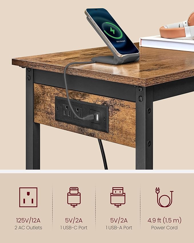 VASAGLE Bar Table, Narrow Long Kitchen Dining Table with Charging Station, Sturdy Metal Frame, Industrial, 15.7 x 47.2 x 35.4 Inches, Rustic Brown and Ink Black ULBT121K01
