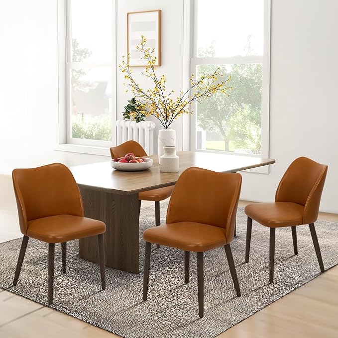 COLAMY Upholstered Dining Chairs Set of 6, Modern PU Leather Dining Room Kitchen Side Chair with Padded Seat and Wood Legs Restaurant/Cafe,Light Brown