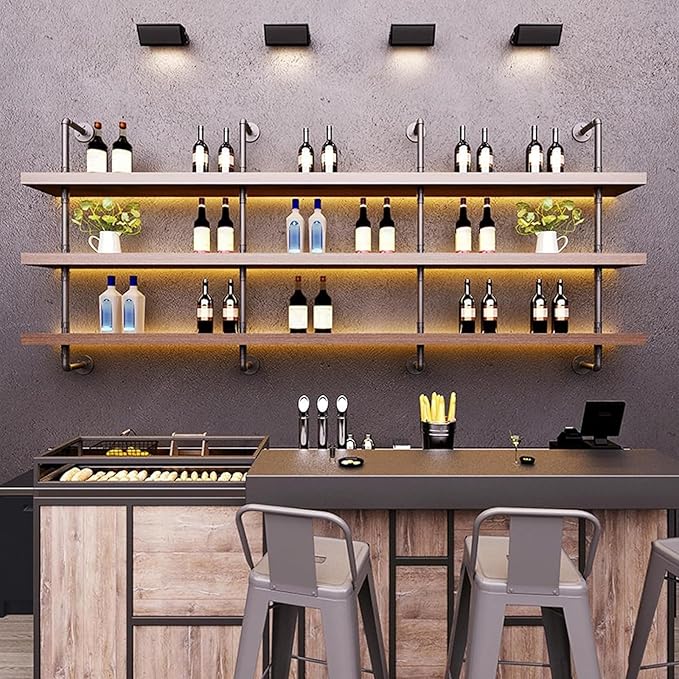 62.9in Large Wine Rack with LED Light Solid Wood Wall Mounted Wine Rack, 3-Tiers Liquor Bottles Floating Shelves Display Storage Organizer for Home Bar & Dining Room (160cm/62.9in)