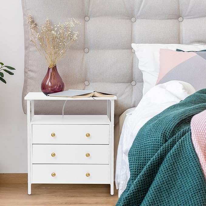 3 Wooden Drawers Nightstand, 27 Inch Wide Night Stand Set 2 with Charging Station and Adjustable Drawers, Bedside Table for Living Room/Bedroom/Office, White.