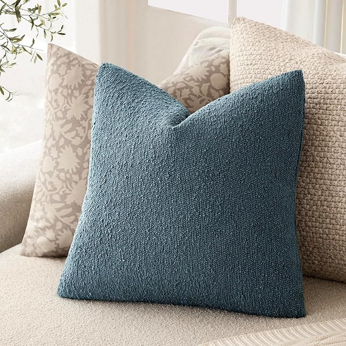 Foindtower Set of 2, Decorative Textured Boucle Throw Pillow Covers Accent Solid Pillow Cases Neutral Cozy Couch Cushion Case for Chair Sofa Bedroom Living Room Home Decor 26x26 Inch Misty Blue