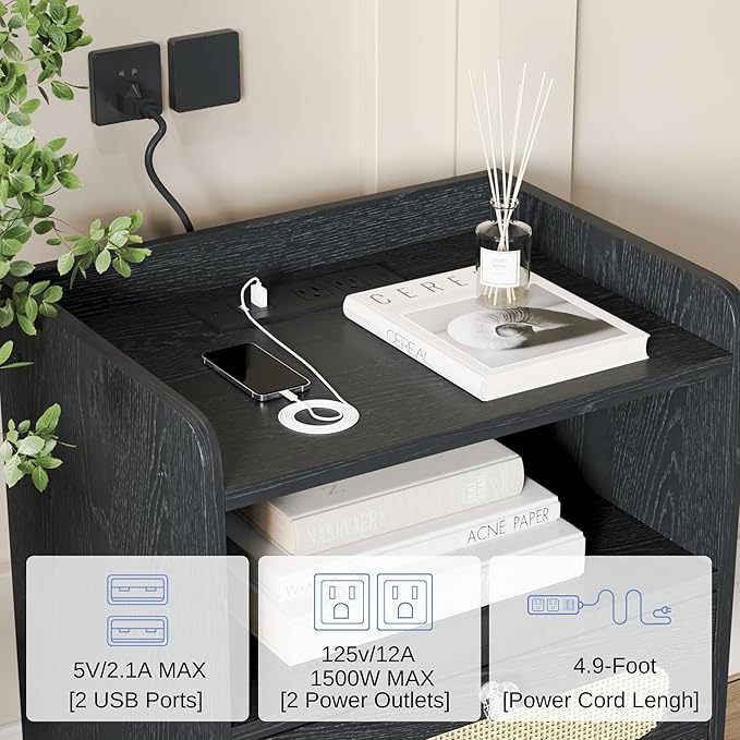 End Table Set of 2 with Charging Station, Diamond Décor Nightstands Set of 2, Bedside Table Set of 2 with Solid Wood Legs, Black