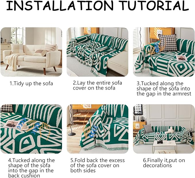 HANDONTIME Couch Cover Boho Sofa Covers Washable Forest Green Dog Covers for Couches Reversible Couch Blanket Cover Geometric L Shaped Couch Covers for 2 3 Couch Cushion Cover Dark Green, 71" X134"