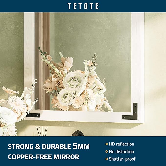 TETOTE 40 x 30 White Wood Framed Mirror for Bathroom Wall/Bedroom/Living Room/Entryway Farmhouse Rustic Bathroom Vanity Mirror Waterproof (Horizontal/Vertical Mounted)