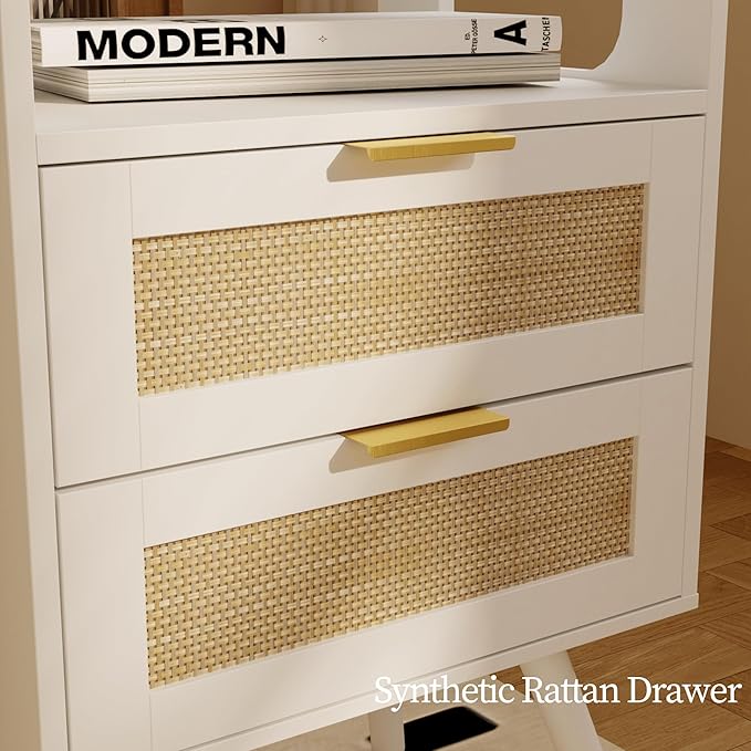 Rattan Nightstand,Farmhouse Bedside Table with 2 Storage Drawer and Open Wood Shelf, for Bedroom and Small Spaces,Night Stand with Solid Wood Legs (White)
