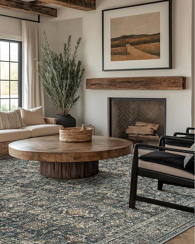10X12 Area Rugs Machine Washable Rugs for Living Room, Vintage Boho Large Rugs for Bedroom Dining Room, Non Slip Indoor Soft Distressed Lightweight Thin Low Pile Carpet, Deep