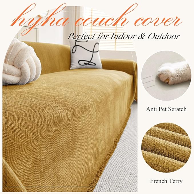 hyha Couch Cover for Dogs, Boho Sofa Covers for 3 Cushion Couch Washable, Chenille Sofa Slipcover for Pets, Soft Loveseat Sectional Couch Throw Blankets with Tassels (Yellow, 71x118 Inch)