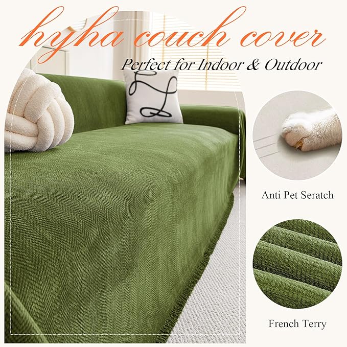 hyha Couch Cover for Dogs, Boho Sofa Covers for 3 Cushion Couch Washable, Chenille Sofa Slipcover for Pets, Soft Loveseat Sectional Couch Throw Blankets with Tassels (Green, 71x150 Inch)
