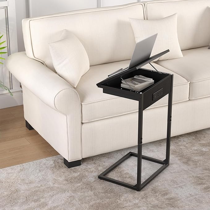 C Shaped End Table with Charging Station,45° Tiltable Adjustable Flip Top Side Table Set of 2,Small C Table Set 2 for Small Spaces,Slide Under Couch Sofa Bedside Table Living Room, Black