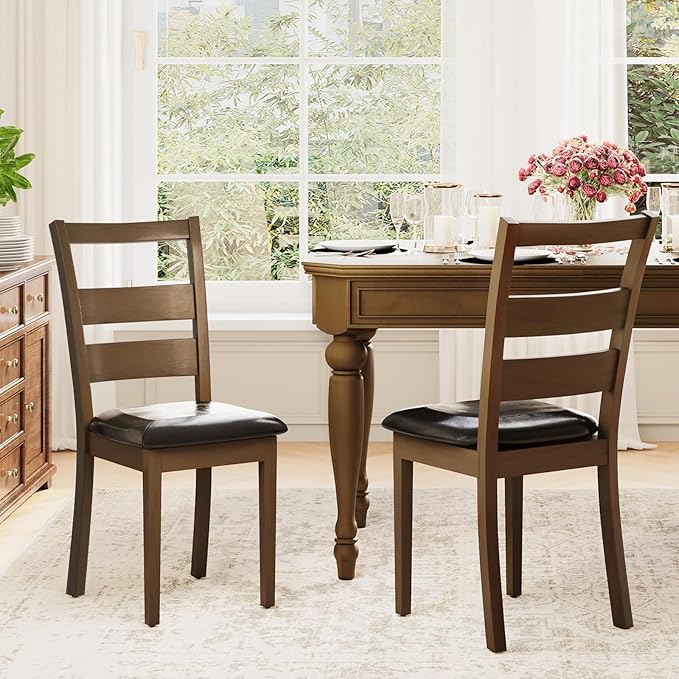 COLAMY Upholstered Dining Chairs Set of 6, PU Leather Ladder High Back Dining Room Kitchen Side Chair with Adjustable Foot Pegs, Dark Brown