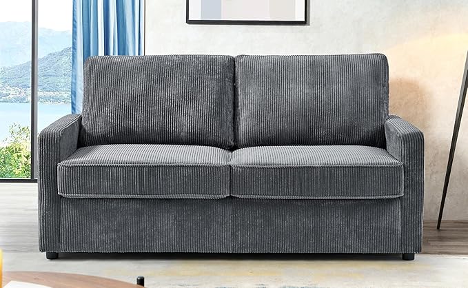 Reversible Sleeper Sofa Bed with Comfortable Memory Foam Mattress, Convertible Corduroy Full Size Pull Out Couch for Living Room, Space Saving Furniture, 70" Wide, Rectangular Arms, Grey