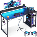 MOTPK 48 Inch Gaming Desk with Storage & Led Lights, Computer Desk with Power Outlet & Shelf, Reversible Gamer Desk with Adjustable Monitor Stand, Carbon Fiber Texture Black