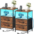 Nightstands Set of 2, Night Stand with Charging Station and Led Lights, Bedside Table with 2 Fabric Drawers for Bedroom, Small Side End Table with Open Shelf, Rustic Brown