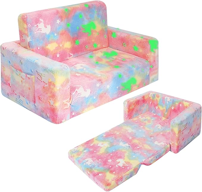 SLIGUY Kids Couch, Fold Out Kids Sofa Chair, Toddler Convertible Sofa to Lounger Pull Out Couch, Glow in The Dark Sofa Chair for Boys and Girls (Pink Large)