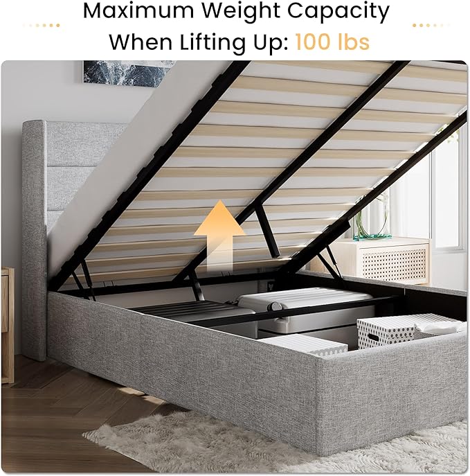 SHA CERLIN Queen Size Lift Up Storage Bed/Modern Wingback Headboard/Upholstered Platform Bed Frame/Hydraulic Storage/No Box Spring Needed/Wood Slats Support/Light Grey