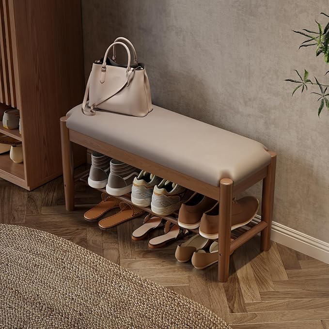 Shoe Bench Entryway with Cushion, Solid Wood Bench with Shoe Storage, 2-Tier Shoe Rack Bench for Entryway,Hallway (Gray)