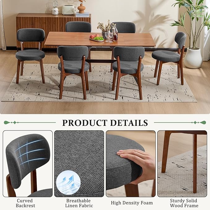 Furniliving Wooden Dining Chairs Set of 4, Mid-Century Modern Linen Upholstered Kitchen Chair with Solid Oak Wood, Farmhouse Dining Room Chairs, Grey