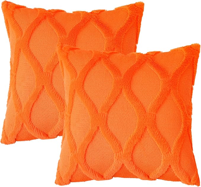 decorUhome Fall Throw Pillow Covers 20x20 Inch Set of 2, Soft Plush Faux Fur Wool Orange Couch Pillow Covers, Decorative Neutral Pillow Cases for Bed Sofa Living Room Home Decor